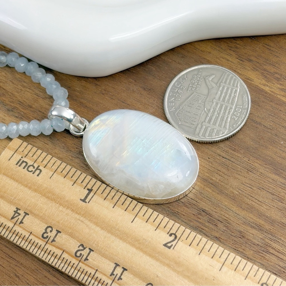 Sterling Silver 925 Rainbow Moonstone Pendant Blue Necklace Boho Southwest - Picture 8 of 11